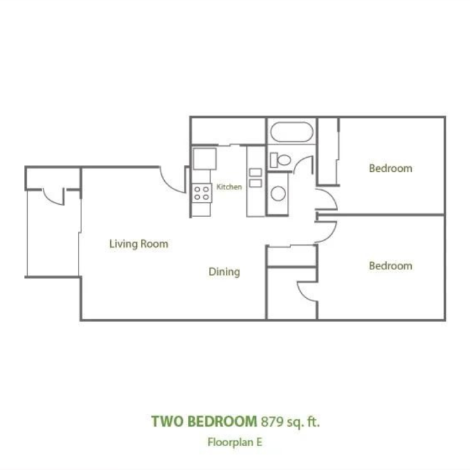 Floor plan for 2 beds, 1 bath, 879 sqft